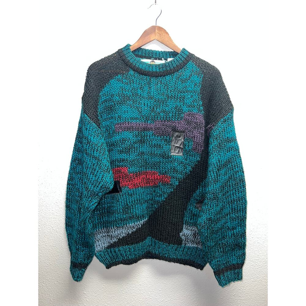Vintage Code Zero Sweater Multicolor Teal Black Pullover USA Made 80s 90s VTG L